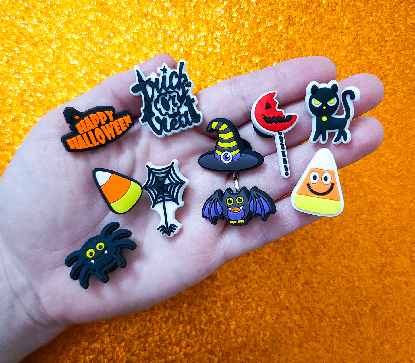 Shoe charms 10 charms bundle Halloween trick or treat candy corn , candy, spider