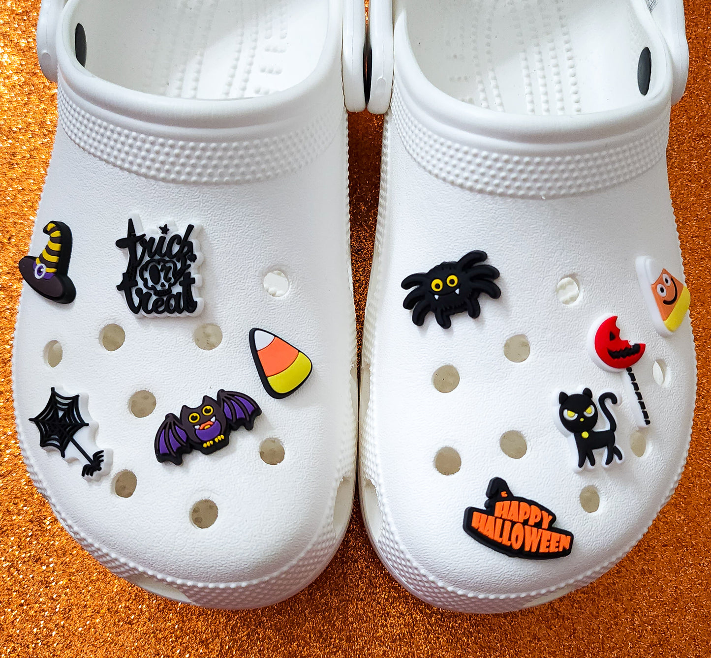 Shoe charms 10 charms bundle Halloween trick or treat candy corn , candy, spider