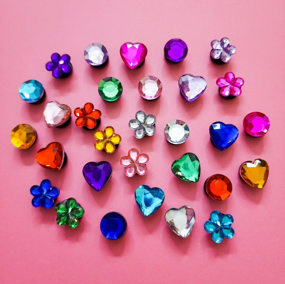 30 shoe charms bundle circle+flowers+hearts rhinestone/gems